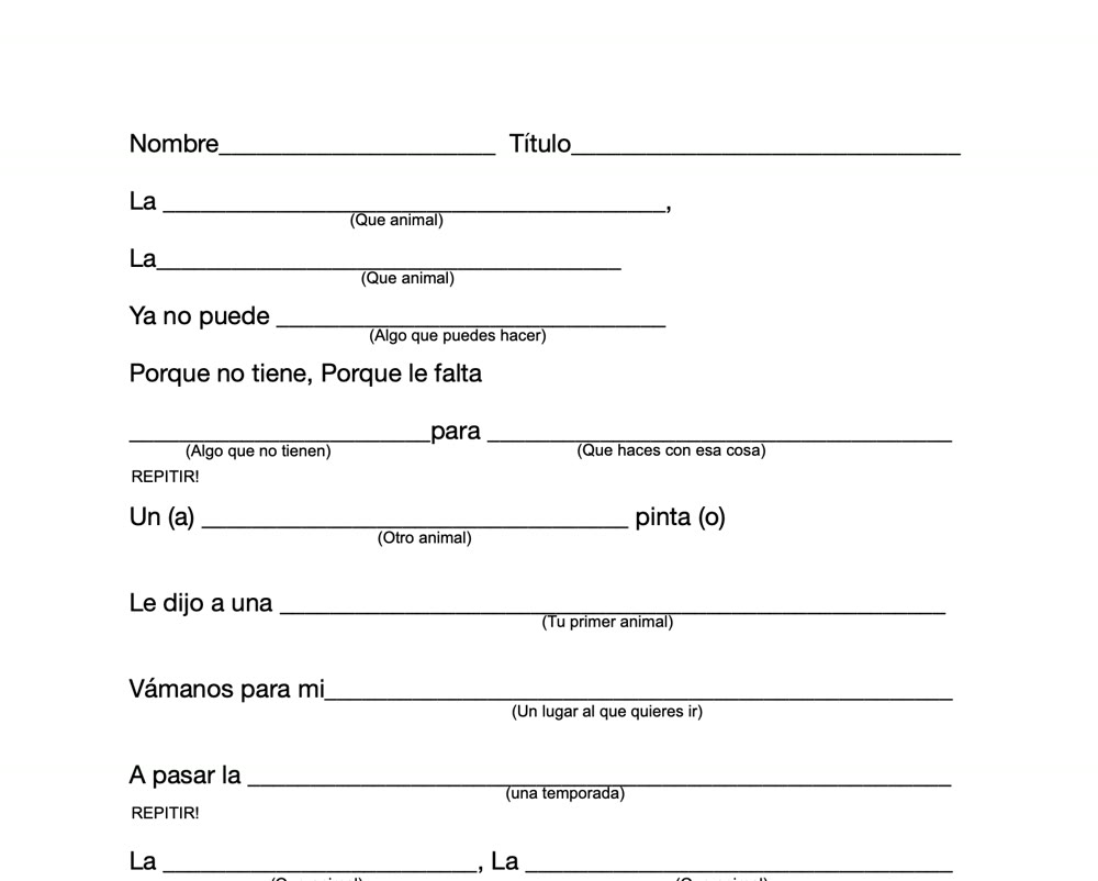 La Cucaracha song worksheet in Spanish with fill-in blanks and prompts